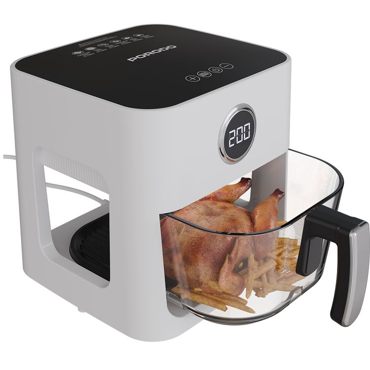 Porodo Lifestyle Glass Pot Air Fryer with 5L Capacity, Up to 60 Minutes Timer, 8 Presets, 360° Panoramic View, 1200W Rated Power, Food-Grade Glass Spot, Touch Panel - White