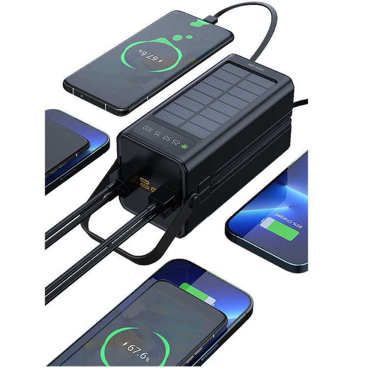 Green Lion Solar X 60000mAh Power Bank with QC 22.5W, PD 20W, Type-C & Micro & Lightning & USB-A Cables, 4× USB-A, Micro, Lightning, USB-C Ports, ABS & PC Material, SOS & Steady Flash Modes, Multiple Protection, Portable Handle, Digital Display - Black