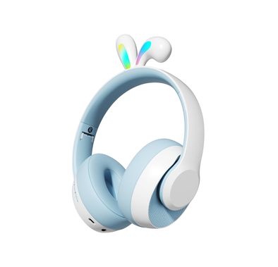 سماعات بورودو ساوندتيك للأطفال اللاسلكية بآذان أرنب وإضاءة LED، مكبر صوت 40 ملم، صوت آمن 85 ديسيبل، حتى 57 ساعة من زمن التشغيل، بلوتوث إصدار 5.3، حتى 40 ساعة من زمن التحدث، منفذ شحن USB-C - لون أزرق.