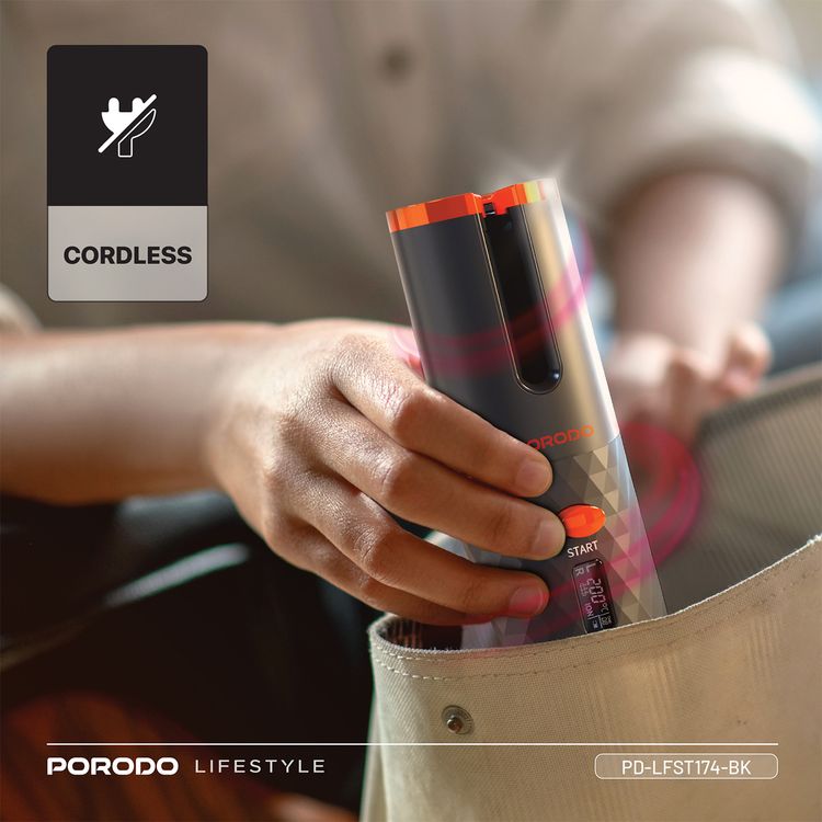 Porodo Automatic Hair Curler with Internal Dual Barrel, Effortless Automatic Curling, Cordless, 30 Minutes Working Time, Precise Heat and Timer Control, Standby Time 60 Minutes - Black