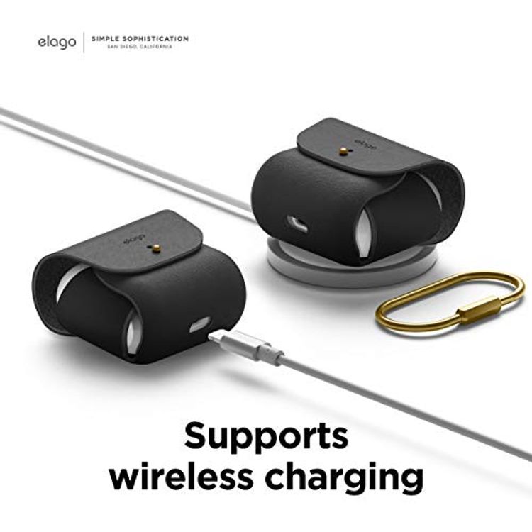 Elago Leather Case with Keychain Compatible with AirPods 3 Case, Natural Cowhide Leather Case with Brass Ring Holder, Supports Wireless Charging - Black