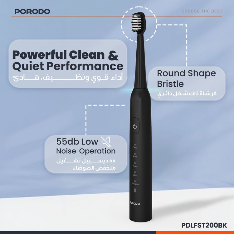 Porodo Lifestyle W-Sonic Electric Toothbrush with Quadrant Smart Timer, 18000-20000 Strokes/Minute Vibration Frequency, 500mAh Battery Capacity, Up to 50 Days Working Time, Round Shape Bristle, Low Noise Level, IPX7 Water Resistance Level - Black