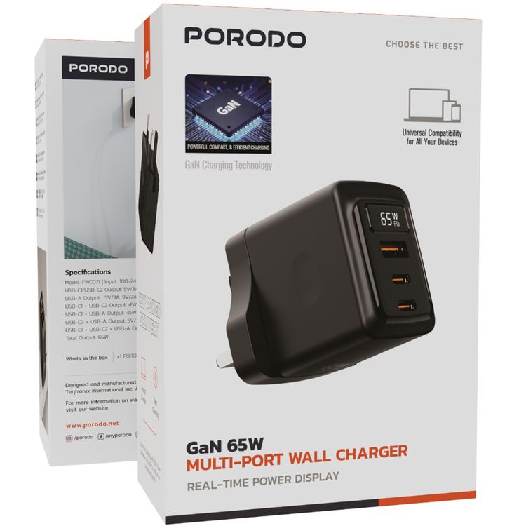 Porodo GaN Wall Charger with Single USB-A & Dual USB-C Ports, 65W Power Delivery, Built-in Safeguards, Fast Charge Support, Multiple Device Charging, Digital Display - Black