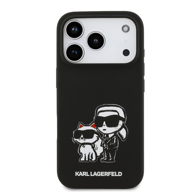 Karl Lagerfeld Liquid Silicone Case with Karl & Choupette Sketch for iPhone 17 Pro, Drop Protection, Slim Profile, Easy Snap-On, Sustainable Packaging, Comfortable Grip, Lightweight Design - Black
