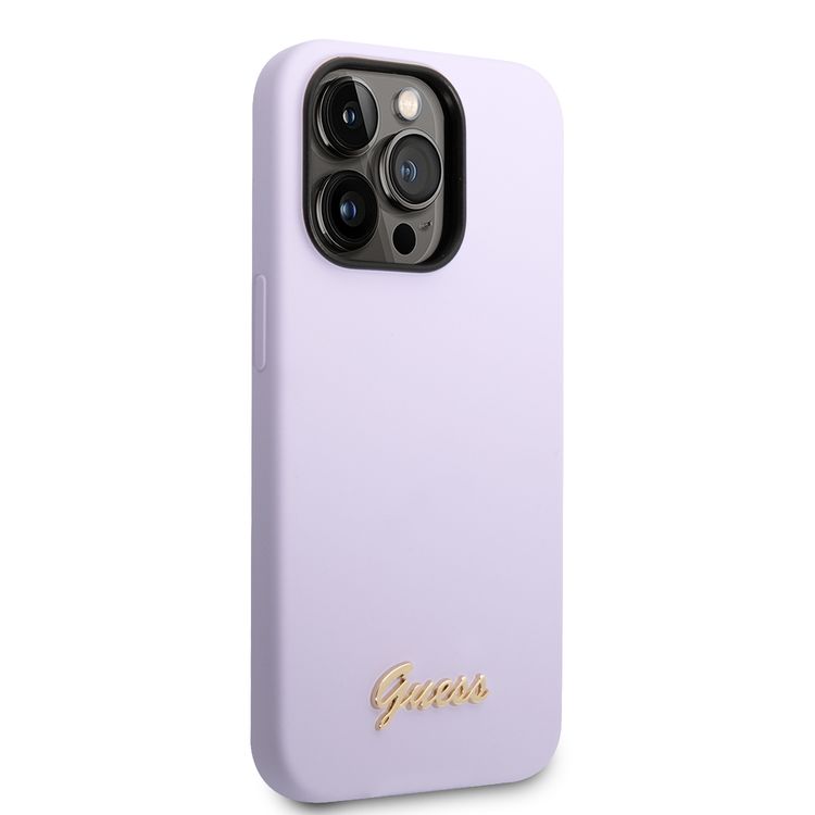 Guess Liquid Silicone Case With PC Camera Outline & Script Metal Logo - iPhone 14 Pro Max - Purple