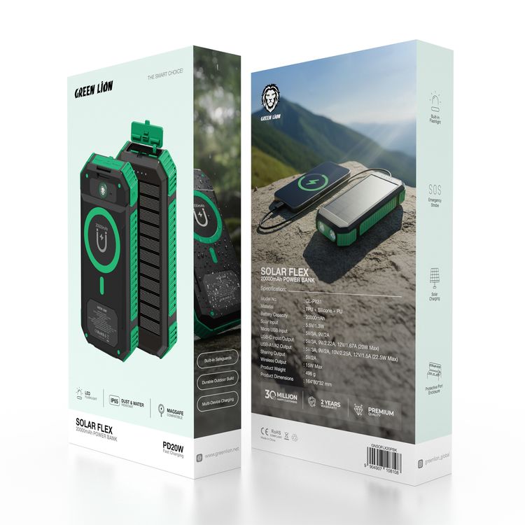 Green Lion Solar Flex 20000mAh Power Bank with Emergency Strobe, Protective Port Enclosure, Multi-Device Charging, Durable Outdoor Build, IP65 Dust & Water Resistant, Built-in Flashlight, MagSafe Compatible - Black