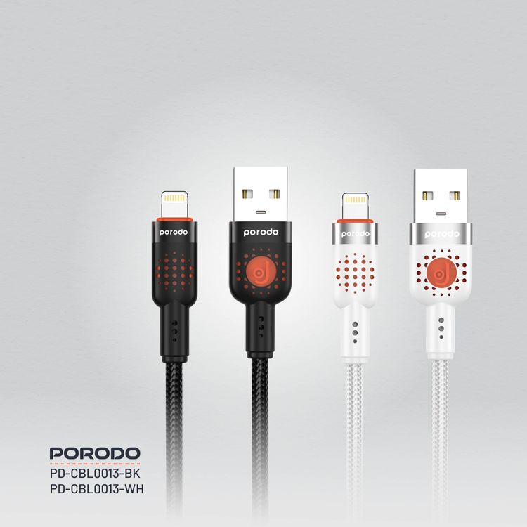 Porodo Aluminum Alloy Braided Cable USB-A to Lightning 1.2, 480Mbps Transfer Speed, 2.4A, more than 15000 Bends Life Span, Tangle Free - Black