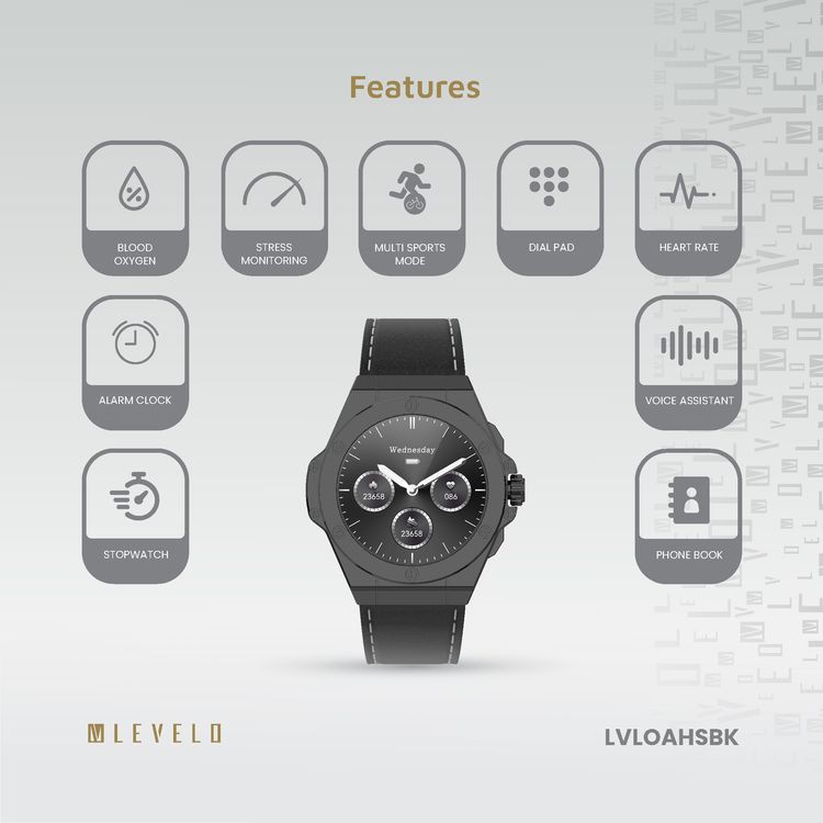 Levelo Oak Automatique Hybrid Smart Watch, Amoled Display, IP68 Water Resistant, Health Monitoring - Black 