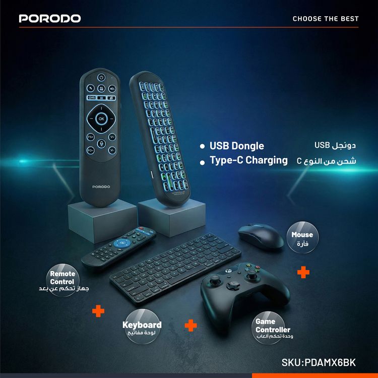 Porodo Miko Mini Keyboard with 34 Hours Working Time, 6-Axis Gyro Sensor, Google Voice Search, Air Mouse Control, Smart Infrared Learning, Adjustable Cursor Speed, Voice Command Control, Adjustable Lightning Modes, Bluetooth Version 5.2- Black