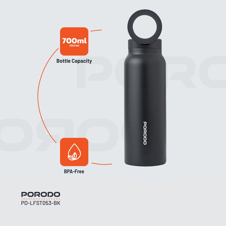 Porodo Magnetic Mount Water Bottle with Strong Magnetic Hold, Stainless Steel Material, Double-Wall Insulation, Versatile and Portable, Strong Magnetic Hold, Works with MagSafe, Wide Round Mouth - Black 