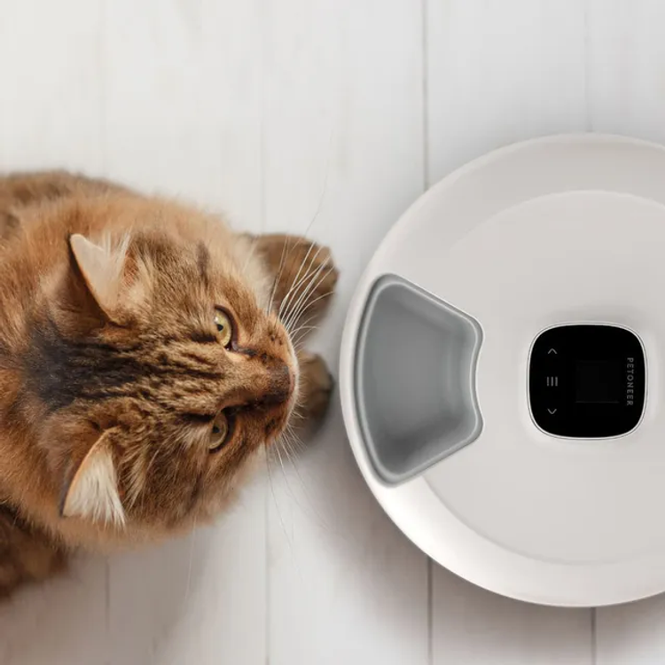 Petoneer NutriSpin 6 Meal Pet Feeder with 170mL Capacity per Compartment, Paw Protection, Detachable Design, Wet and Dry Food Blend, VA display - White
