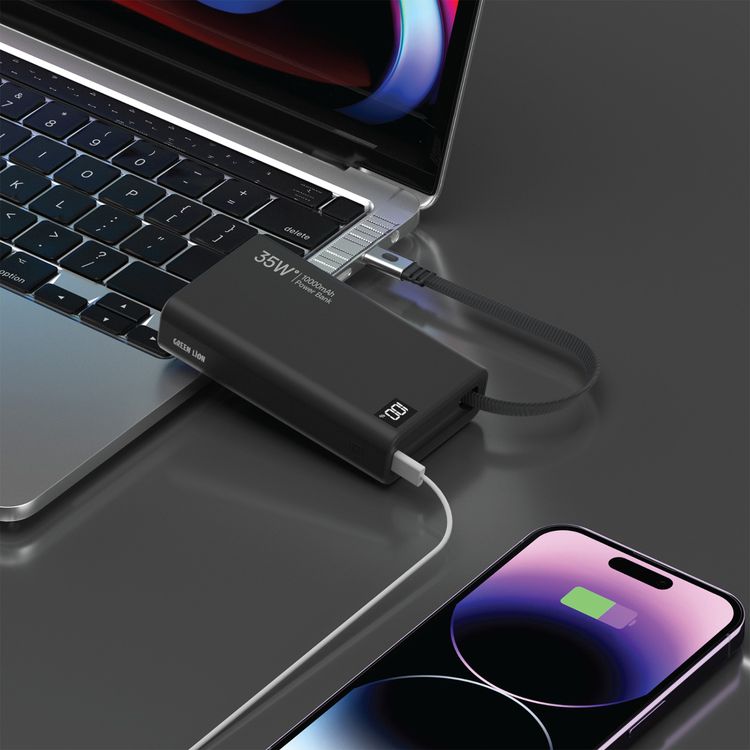 Green Lion Retractable 10000mAh Power Bank with 35W Power Delivery, LED Display, 75cm Cable Length, Type-C Port, Fast Charge Support - Black