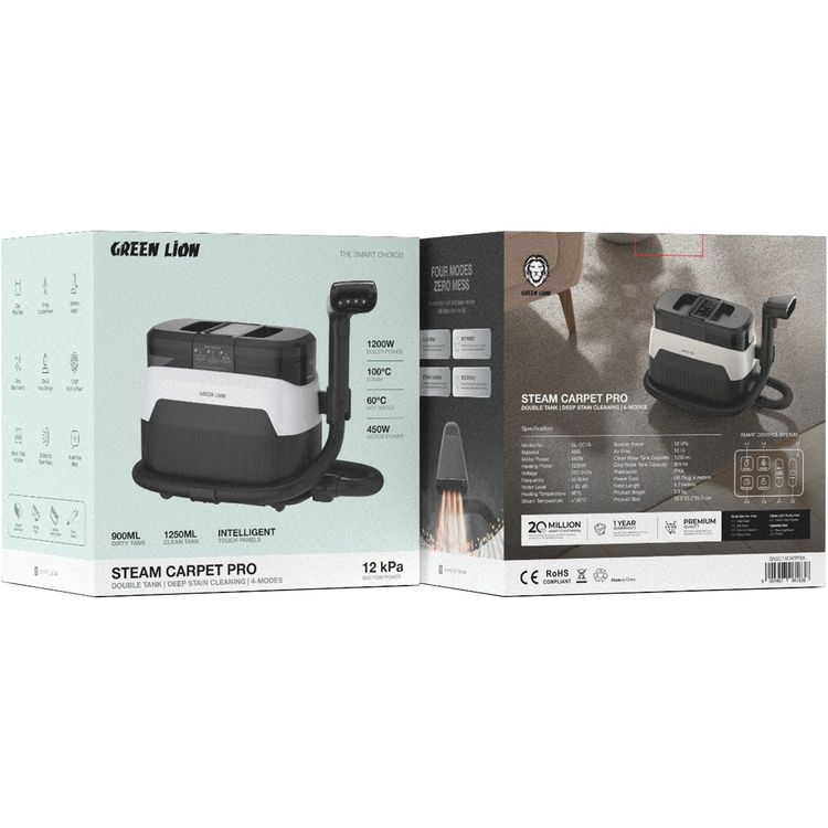 جرين ليون ستيم كاربت برو مع خزانين للماء، تنبيهات صوتية ذكية، قدرة تسخين 1200 وات، الحصول على ماء ساخن في 15 ثانية، تخزين للسلك والخرطوم، سعة خزان المياه النظيفة 1250 مل، سعة خزان المياه المتسخة 900 مل، قوة شفط 12 كيلو باسكال - أسود