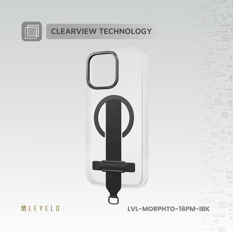 Levelo Morphix Trio Case for iPhone 16 Pro Max with Built-in Kickstand, Metal Camera Edge, MagSafe Compatible, Impact-Resistant Corners, Grip Strap & Metal Hook, Anti Yellowing - Ink Black