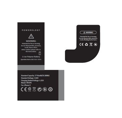 Powerology Li-ion Polymer Phone Battery 2716mAh / 10.38Wh for iPhone X - Black