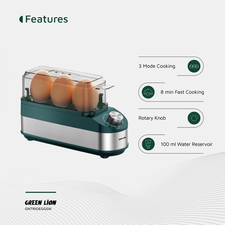Green Lion Trio Egg Cooker with Auto Shutoff, Rotatory Knob, Non-Stick Coating, BPA-Free Plastic, 210W Rated Power - Green