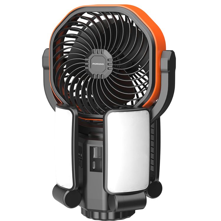 Porodo Suncharge Outdoor Solar Fan with LED Lighting & Power Bank Function, 3 LED Brightness Levels, 4 Speed Settings, Foldable Hanging Hook, 150°Auto Oscillation, Up to 30 Hours Working Time, 6000mAh Battery, 5W Rated Power - Black / Orange