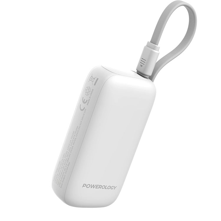 بنك طاقة Powerology بسعة 5000 مللي أمبير في الساعة مع سلك USB-C قابل للإزالة، وتقنية شحن متقدمة، وشحن لجهازين، وصغير الحجم وقابل للحمل، مع حماية مدمجة، وتوصيل طاقة بقوة 20 وات - أبيض