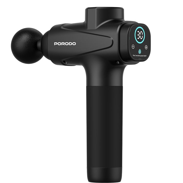 Porodo Multi-Head Relief Deep Massage Gun with Adjustable Massage Intensity, Type-C Fast Charging, Deep Tissue Relief, 30 Speed Levels, LCD Touch Display, 6 Interchangeable Heads, 1500mAh Battery Capacity, 3 Hours  Working Time  - Black
