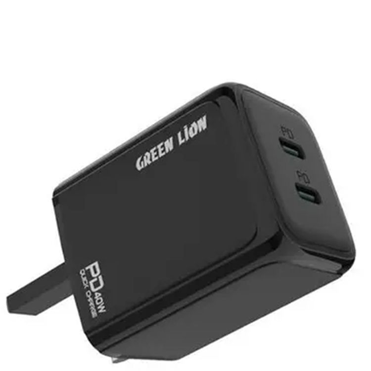 Green Lion Dual PD Wall Charger with 40W Power Up Safely, UK Power Plug, 2 Ports Type-C Output, Fast Charging, Ultra Portable, Charging Protection - Black