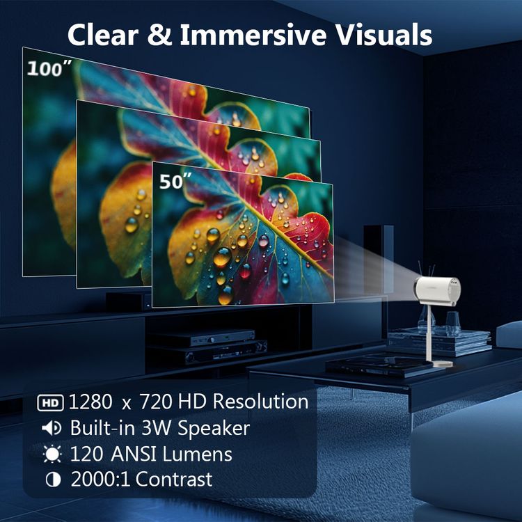 Porodo Lumos Smart HD Projector with Adjustable Telescopic Stand, 100" Ultra Wide Screen, Android 13, Remote Controller, 2.69" LCD Panel Size, ×1 HD Multimedia & ×1 USB-A & ×1 Audio Inerface, 50"-100" Projection Size, 1.2-4m Projection Distance, Cinematic Screen Viewing - White