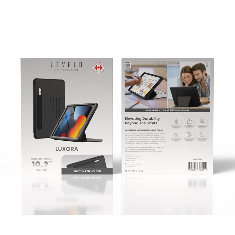 Levelo Luxora Case for iPad 10.2" (2019-2021), Adjustable Multi-Angle Viewing, Premium PU Leather Finish, Shockproof, Anti-Fingerprint, Built-in Pen Holder & Built-in 2 Card Slots, Magnetic Flap Closure - Black