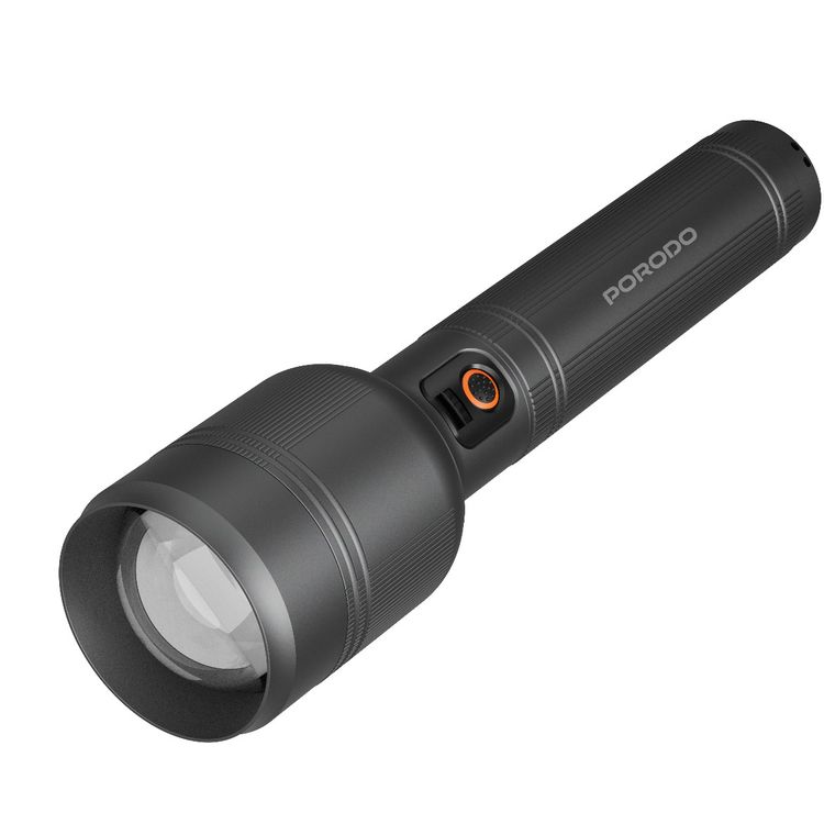 Porodo Lumalite 2500 Lumens Rechargeable Flashlight with Manual Zoom Control, Up to 5.6 Hours Working Time, Up to 700m Coverage Area, 10000mAh Battery, USB-C Charging Interface, Ultra-Bright Beam, Multi-Mode Operation - Gray