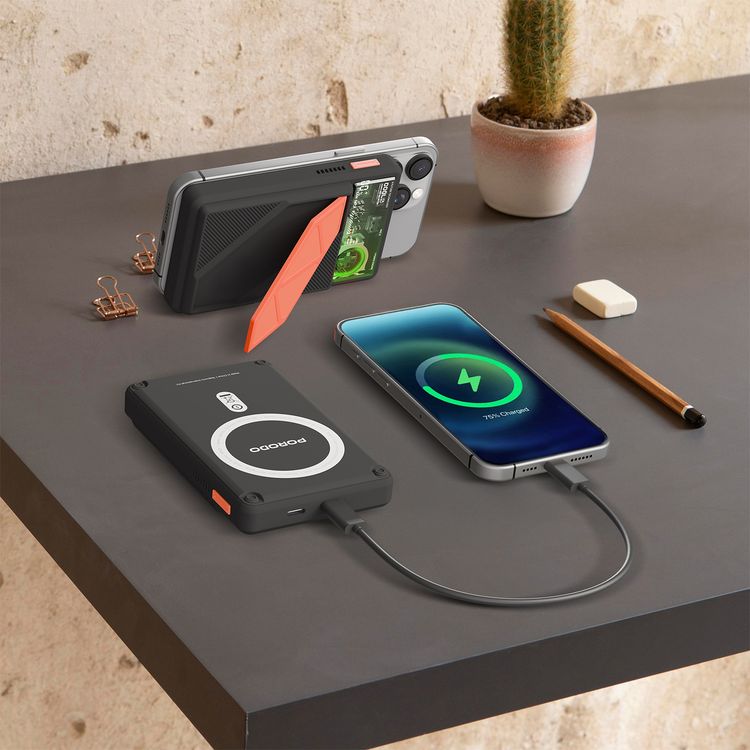 Porodo 10000mAh MagSafe Power Bank with Smart Thermal Cooling, 20W PD USB-C Output, 15W Wireless Charging Output, 10W Lightning Input, Built-in Stand, RGB Dynamic Lights - Black