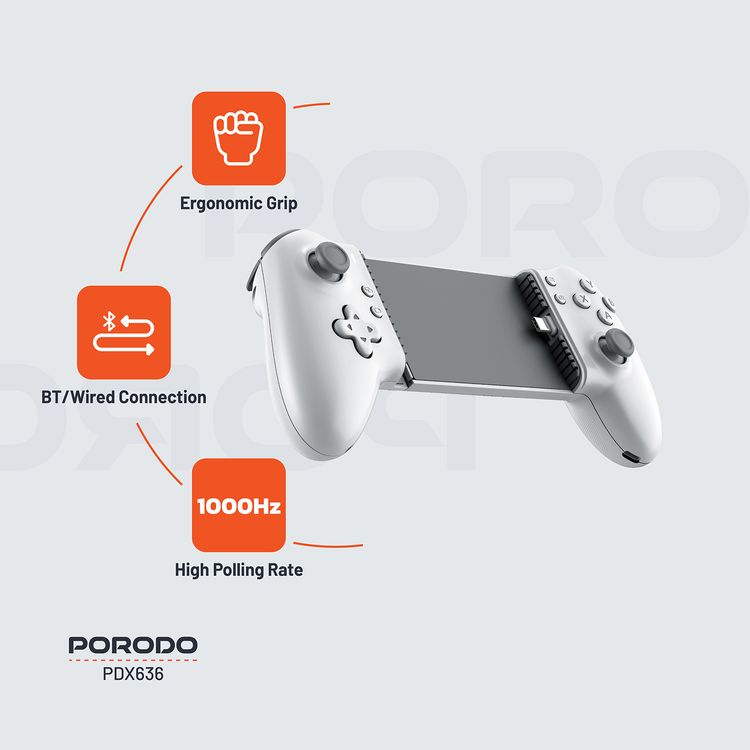 Porodo Gaming Multi-Platform Game Controller, Bluetooth & Wired Connection, Supported Devices of Up to 176mm in Width, 1000Hz High Polling Rate, Ergonomic Grip - White