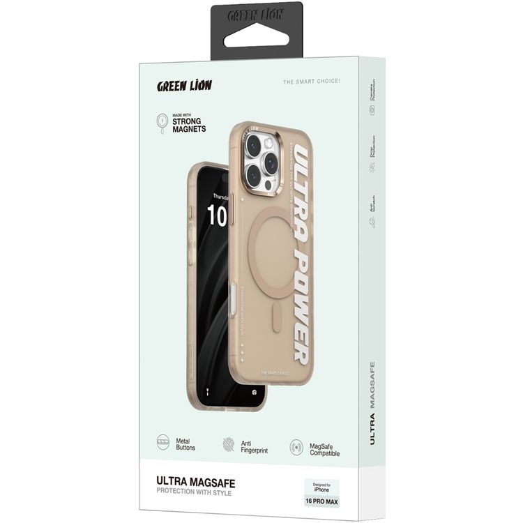 Green Lion Ultra MagSafe Case for iPhone 16 Pro Max, Ultra-Shockproof, Anti-Scratch Edge, Anti-Fingerprint, Powerful Attraction, Creative Sport Style - Beige