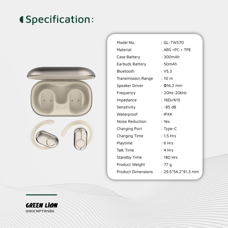 سماعات أذن Green Lion Ocean Plus مفتوحة مع ميكروفون مزدوج ENC، وقت تشغيل يصل إلى 6 ساعات، دوران حر 135 درجة، سعة بطارية علبة شحن 300 مللي أمبير/ساعة، وضع اللعب، زمن انتقال منخفض، وقت استعداد 180 ساعة، مقاومة للماء IPX4 - بيج