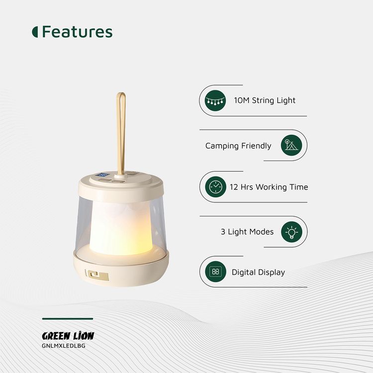 Green Lion Lumex LED Light with Inbuilt LED Strip Light, ABS + PC & Silicone Material, 1800mAh Battery Capacity,  Type-C Charging Port, 4 Hours Charging Time, 6-12 Hours Working Time, 10m Color Reel Length, 150 Lumens Brightness, 95 LED Beads - Beige