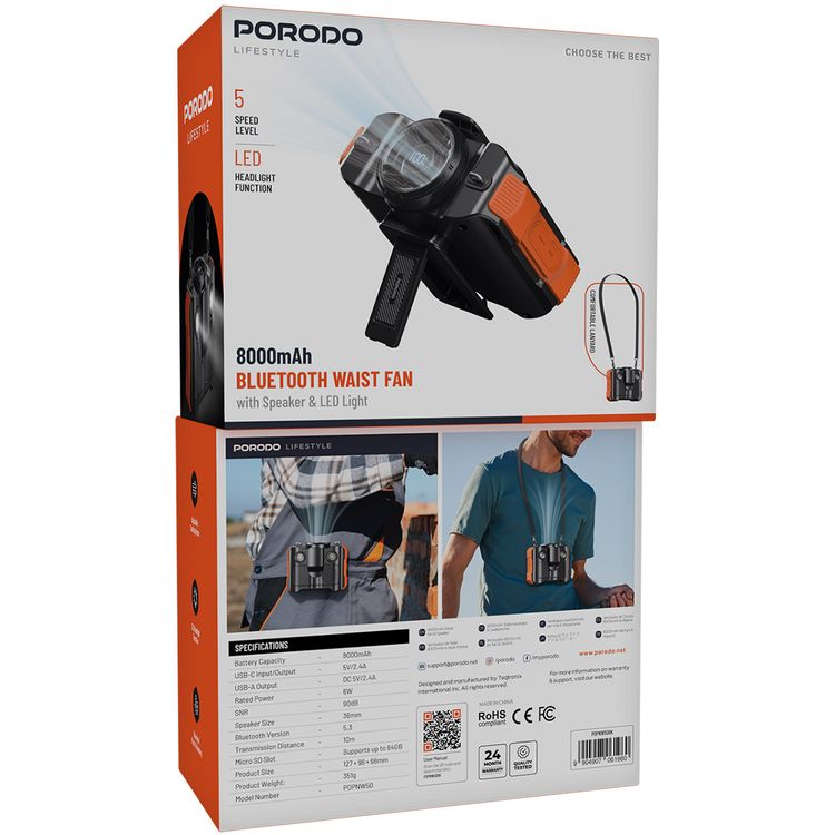 Porodo Lifestyle 800mAh Bluetooth Waist Fan with LED Headlight Function, Bluetooth Music Streaming, Adjustable Cooling Breeze, Comfortable Lanyard, 8000mAh Battery Capacity - Black