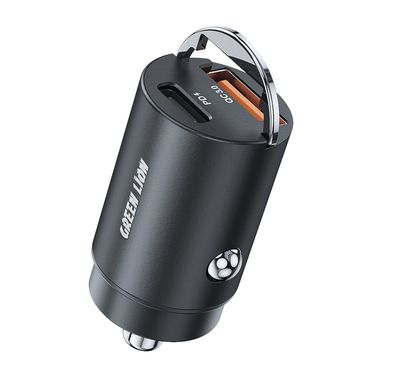 Green Lion Dual Port Car Charger, Metallic Pull Ring, USB-A & USB-C Ports, Heat Dissipation, Charging Protection, Compact Design, 15W Total Output - Black