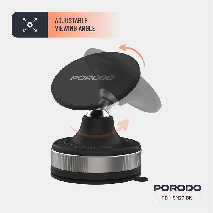 Porodo Vacuseal Smart Suction Magnetic Phone Mount with Adjustable Viewing Angle, N52 Magnets, 5.5" to 6.9" Device Compatibility, Strong Suction - Black