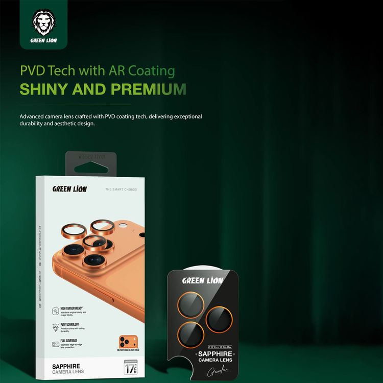 Green Lion Sapphire Camera Lens Protector for iPhone 17 Pro / 17 Pro Max, Full Coverage, PVD Technology, High Transparency, Military-Grade Glossy Shield - Orange Titanium