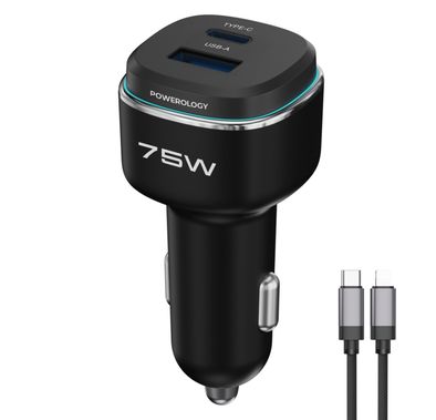 Powerology 75W Dual-Port High-Power Car Charger with USB-C to Lightning Cable, USB-C & USB-A Ports, 75W Total Output, 45W Power Delivery, LED Ambient Light, Fast Charge, Zinc Alloy with Oil Painting Finish Material - Black / Gray
