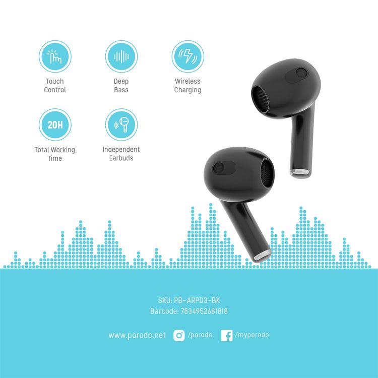 Porodo Blue Deep Bass Wireless Earbuds 3, 20 Hours Working Time, Type-C Charging Port, Environmental Noise Cancellation, Independent Earbuds, Touch Control - Black