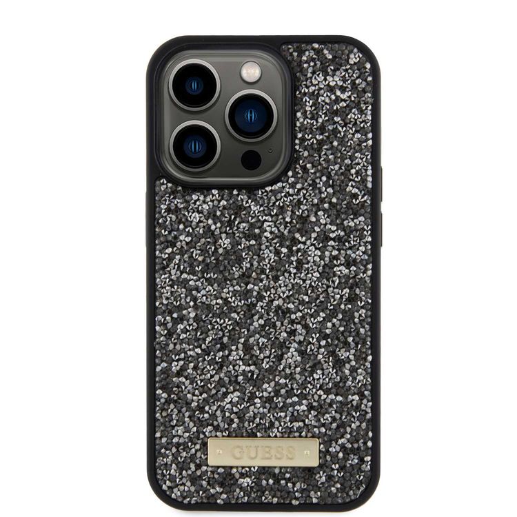 Guess Rhinestone Case with Metal Logo for iPhone 15 Promax - Black - أسود - iPhone 15 Pro Max