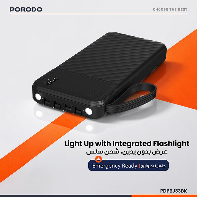 Porodo Piano 10000mAh Power Bank with Flashlight, Portable Handle, Phone Stand, 4 Integrated Cables, USB-A & USB-C & Micro Ports, Fast Charge Support, Universal Compatibility - Black