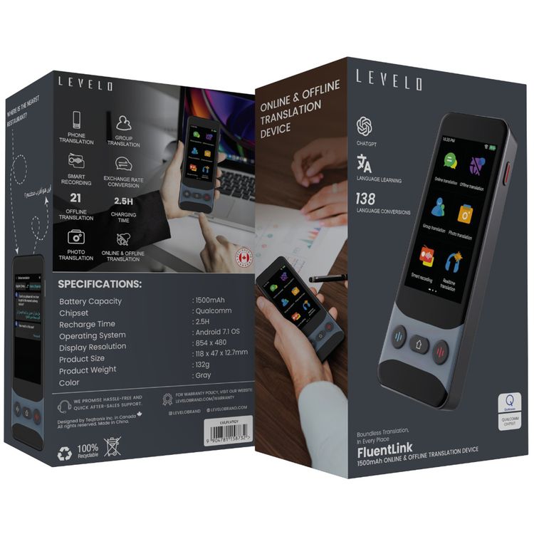 Levelo FluentLink Offline & Online Translation Device with 1500mAh Battery Capacity, Up to 8 Hours Working Time, 0.5 Seconds Translation Speed, 142 Supported Languages - Gray