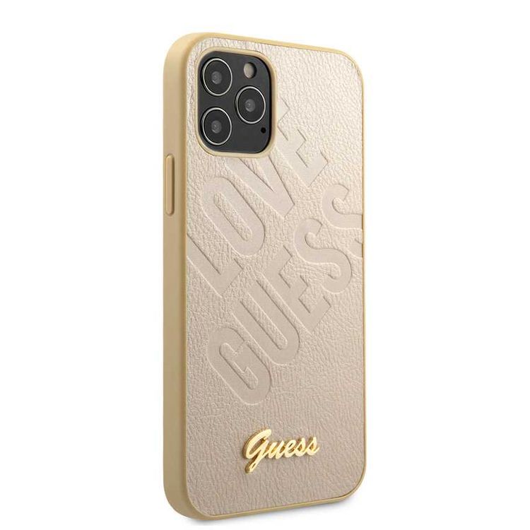 CG Mobile Guess PU Iridescent "LOVE" Debossed Case with Metal Logo for iPhone 12 Pro Max (6.7") Shock & Drop Protection Suitable with Wireless Chargers Officially Licensed Light Gold