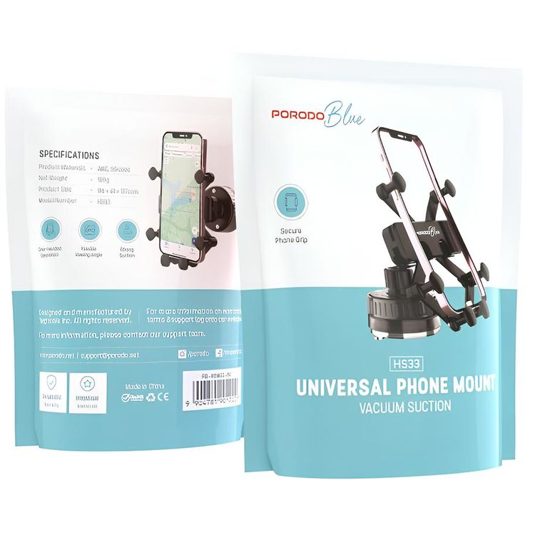 Porodo Blue Universal Phone Mount with Vacuum Suction, Secure Phone Grip, 360° Rotation, One-Handed Operation, Flexible Viewing Angle, ABS & Silicone Materials - Black