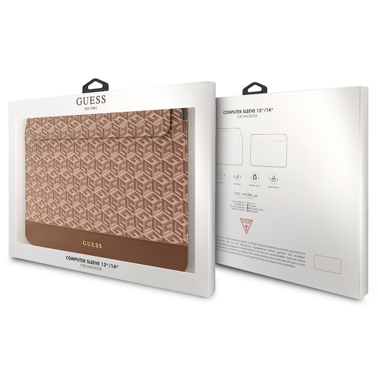 Guess Gcube Stripes Computer Sleeve for MacBook 13"/14" with Synthetic Leather Material, Magnetic Lock, Water Resistant - Brown