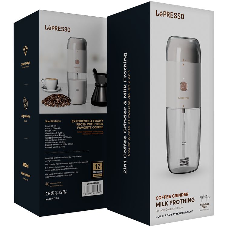 LePresso 2-in-1 Portable Milk Frother and Grinder with 19000rpm Blade Speed, 45W Power, Stainless Steel, 10-40g Bean Container, 1500mAh Battery - White