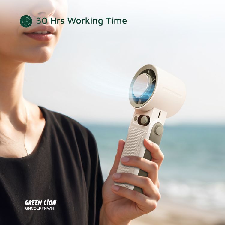 Green Lion Coolio Portable Fan with 1-199 Speed Levels, 6000mAh Battery Capacity, 5 Hours Charging Time, Type-C Charging Port, ABS + PC & Aluminum Alloy Material, 30 Hours Working Time, Silent Operation - White