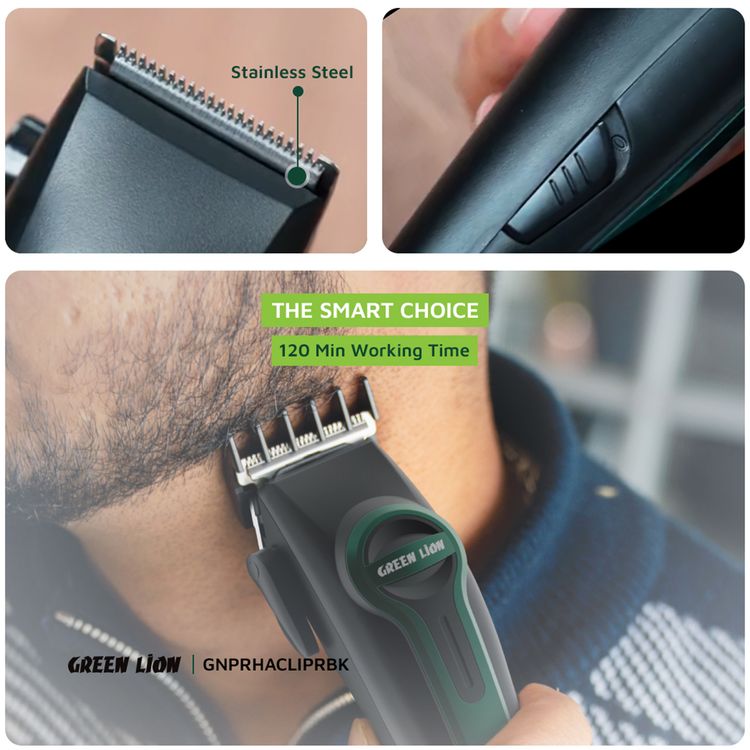 Green Lion Professional Hair Clipper with 4 Size Combs, Stainless Steel Material, 120 Minutes Working Time, 2.5 Hours Charging Time, 1200mAh Lithium Battery, Type-C Charging Port, LED Indicator - Black