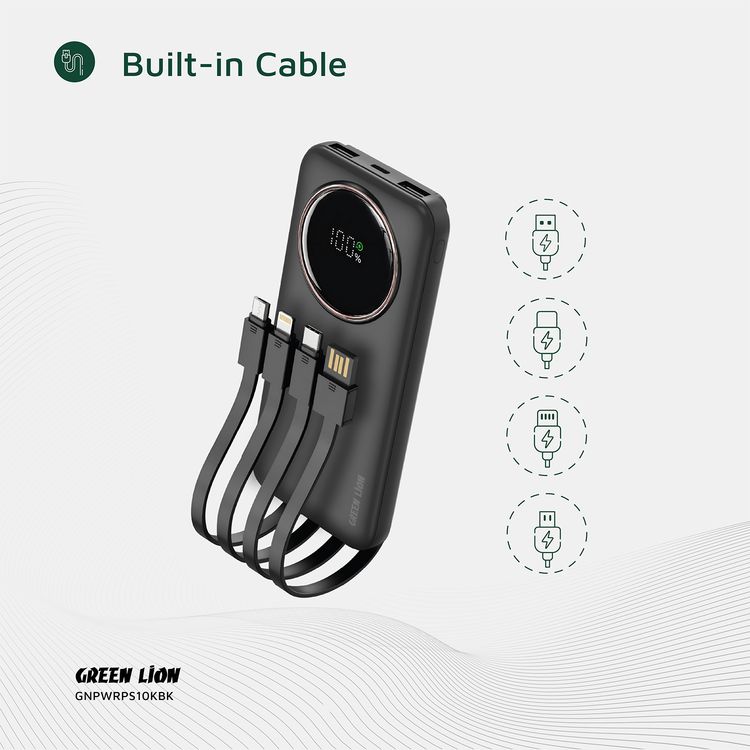 Green Lion Power Pulse 10000mAh Power Bank, PD 22.5W, Portable, Digital Display, Fast Charge Support, Micro + Lightning + Type-C + USB-A Integrated Cables - Black 