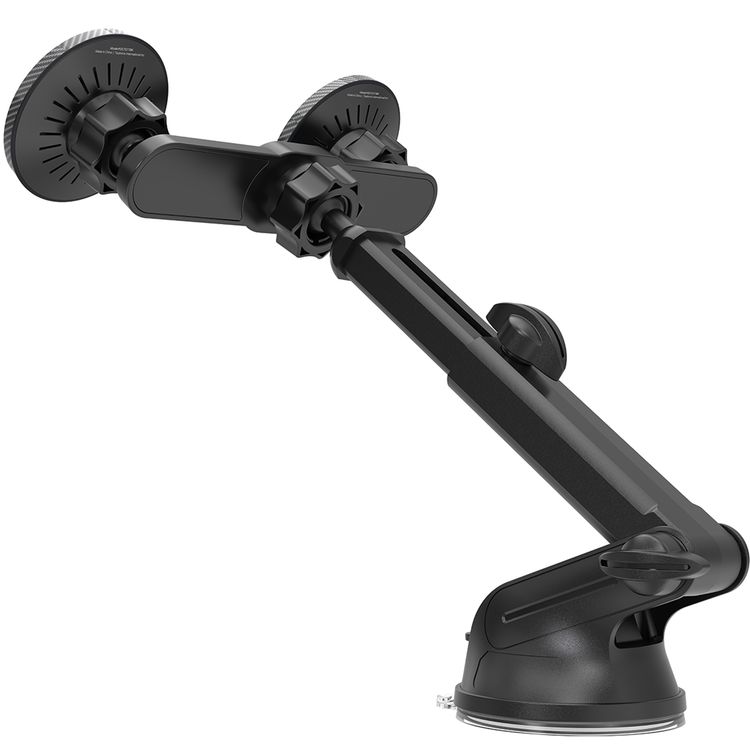 Porodo DAX-L Dual MagSafe Car Phone Mount with 360° Adjustable Telescopic Arm, Dual Phone Holder, Strong Suction Base, Lock and Unlock Function, ABS Material, Adjustable Height, Multi-Surface Mounting, 15× Strong N52 Magnets - Black