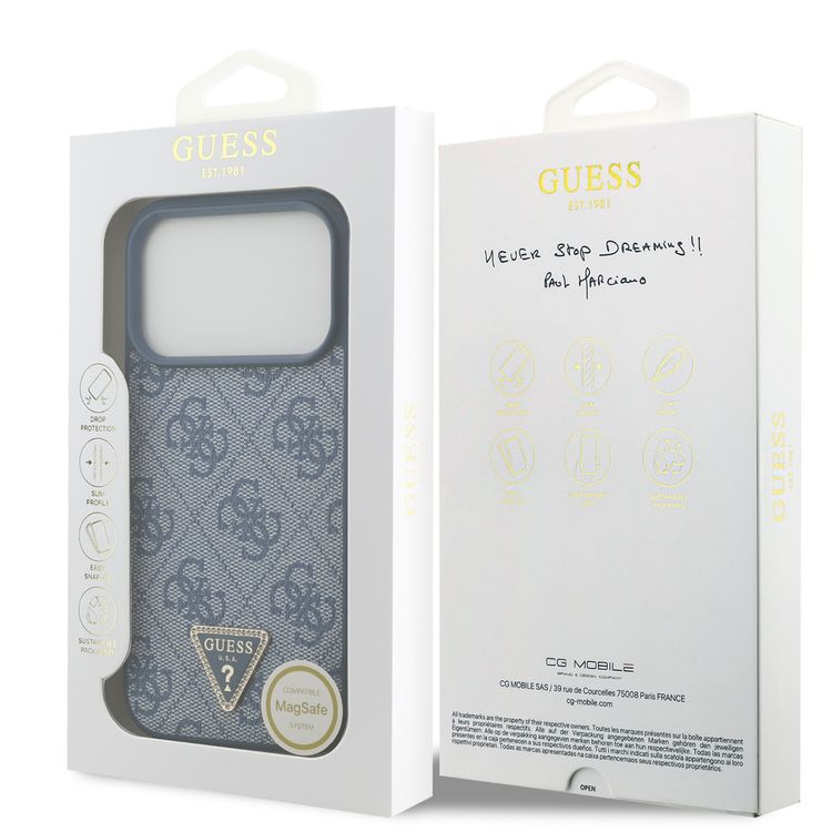 غطاء ماغ سيف 4G من جلد PU مع شعار مثلث لجهاز آيفون 17 برو، تصميم نحيف، حماية من السقوط، قبضة مريحة، تغليف مستدام، تصميم خفيف الوزن، سهل التركيب - أزرق